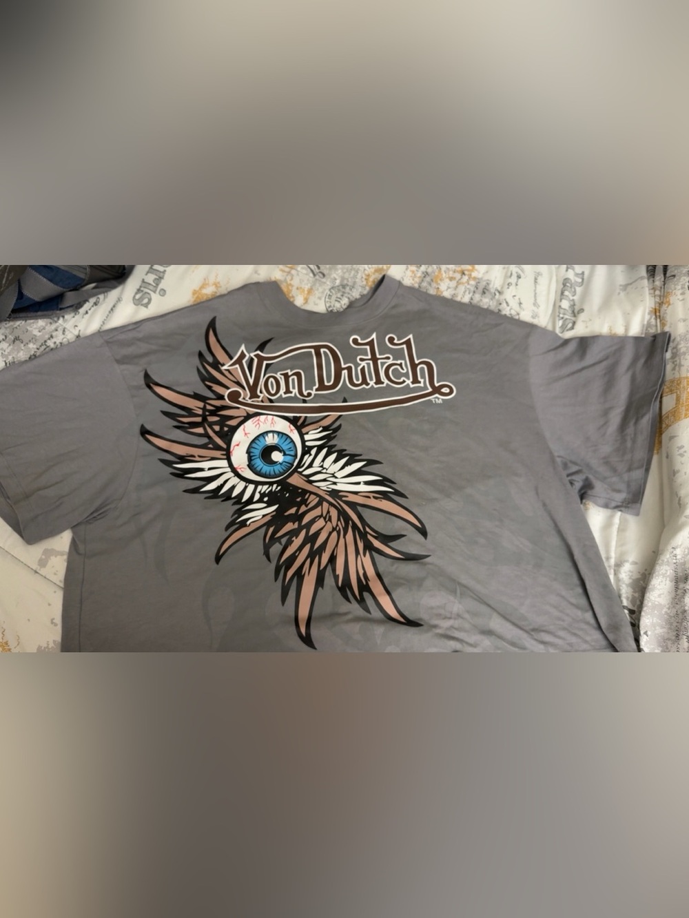 Von Dutch Gray T-Shirt with Brown Winged Eye Graphic